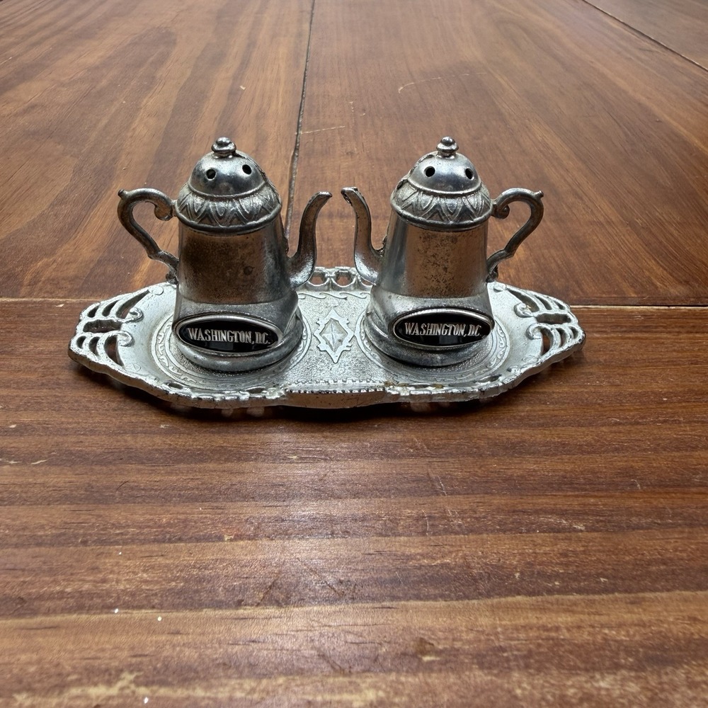 Vintage Washington DC Metal Coffee Pot Salt and Pepper Shakers Set with Tray